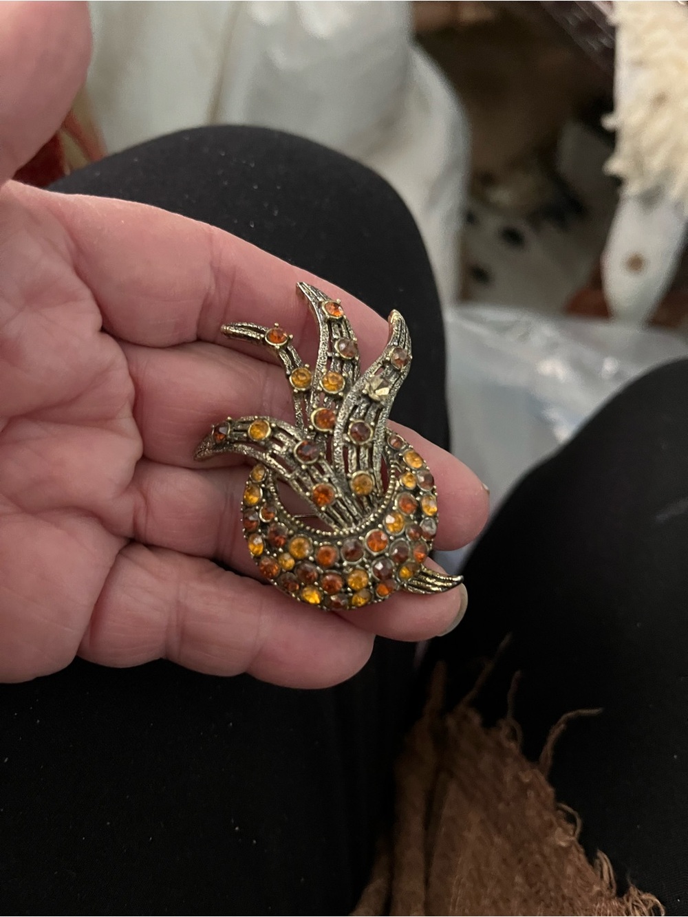 Vintage-style Amber Rhinestone Flame Brooch